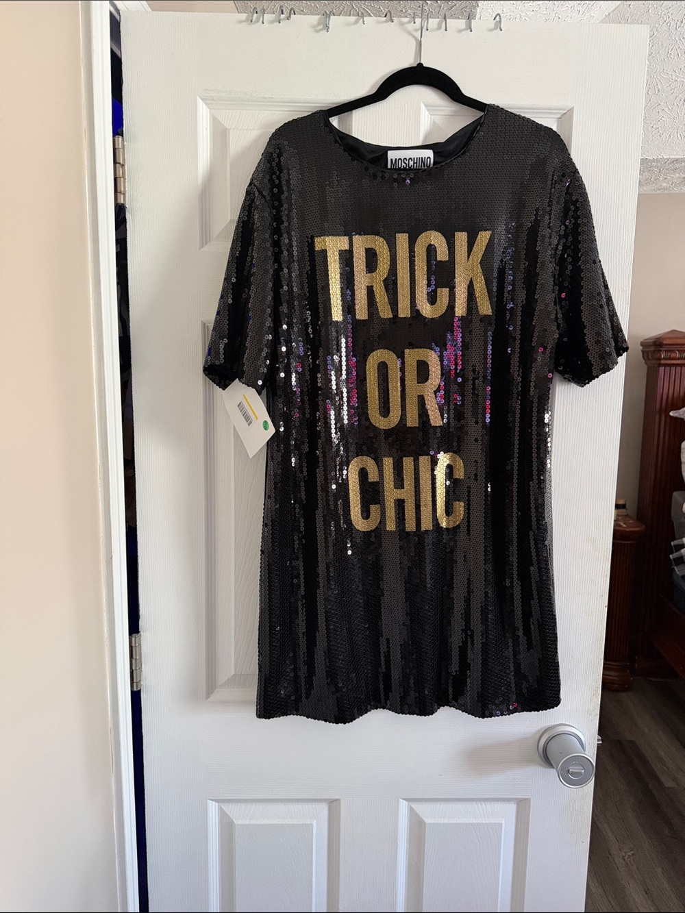 Moschino Black Sequin Mini Dress with Gold 'TRICK OR CHIC' Lettering